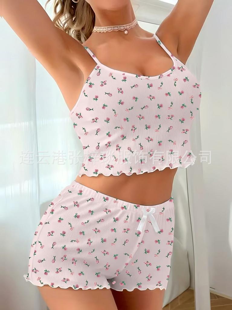New fashion loungewear floral pit strip suspender shorts set fresh casual waist home pajamas