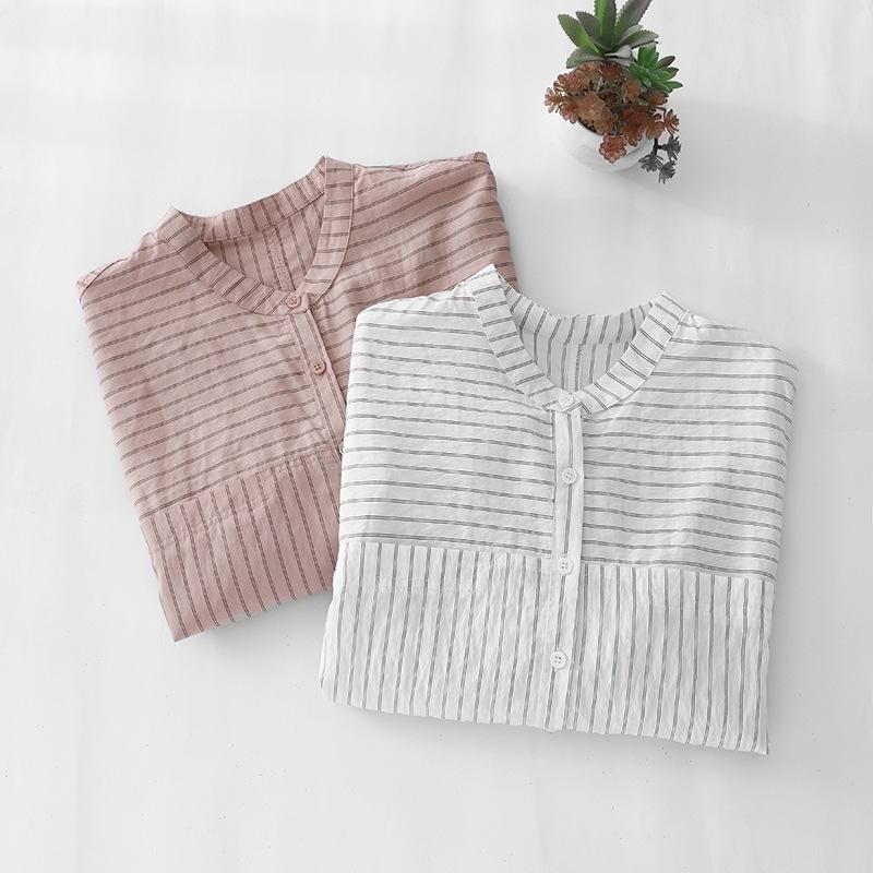 2025 Summer New Round Neck Seven-quarter Sleeve Striped Shirt Women's Casual Versatile Loose and Thin Cotton and Linen Cardigan Top