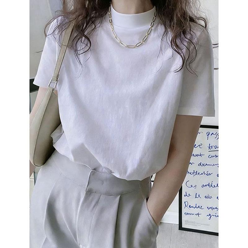 New semi-turtleneck shoulder pure cotton polished short-sleeved t-shirt women's Korean version fashionable versatile foreign style white top