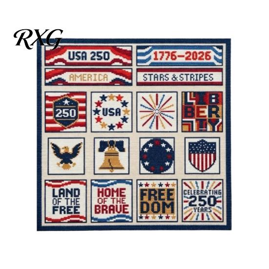 Cotton Embroidery Cloth 250th Anniversary Cross Stitch Kit, Independence Day Theme, Red White Blue Threads Fourth Of July Stitching Set Set, Patriotic