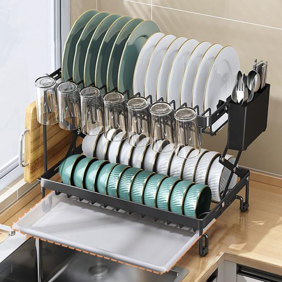 Drain Dish Rack with Wine Glass Holder Strong Load-bearing Height Adjustable 2-Tier Kitchen Counter Drying Rack Utensil Holder