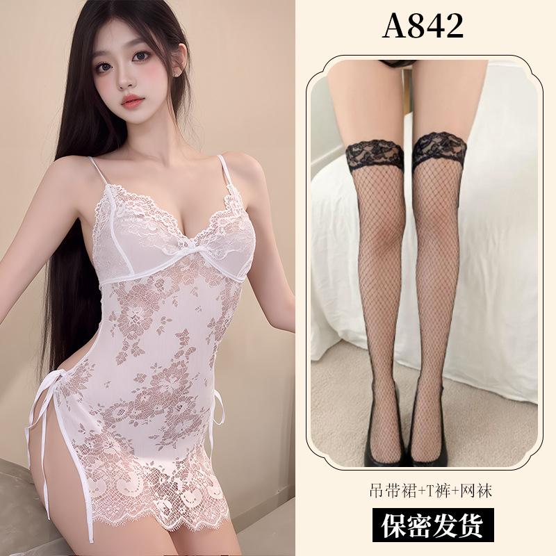 New Sexy Underwear Women's Sexy Lace Suspender Skirt Lace-up Nightdress Uniform Temptation European and American Pajamas A