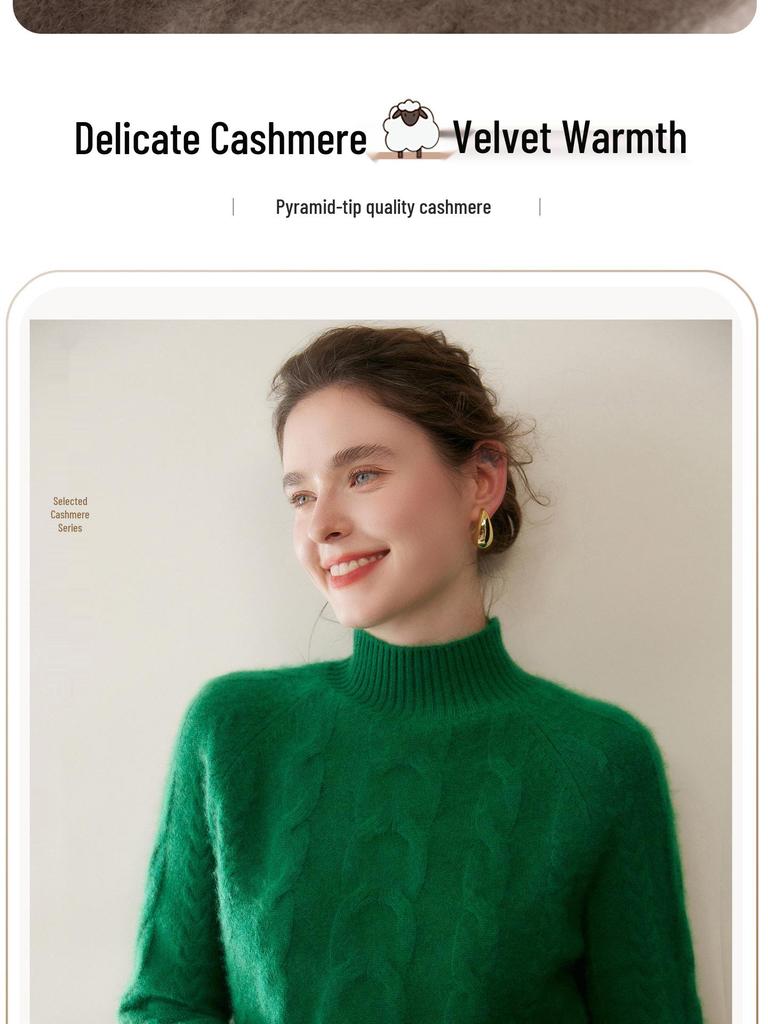 2025 Autumn/Winter Women's Half-High Neck Cable Knit Top with Raglan Sleeves - Fashionable Casual Wear