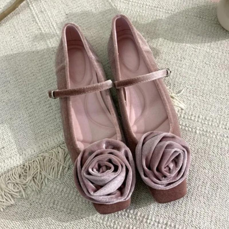 High Quality Velvet Mary Jane Shoes for Women Elegant Flower Decoration Retro Square Toe Daily Casual  Female Shoes