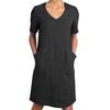 Women's Cotton Linen Shirt Dress Summer Short Sleeve V Neck Midi Dress Casual Shift Dress with Pockets