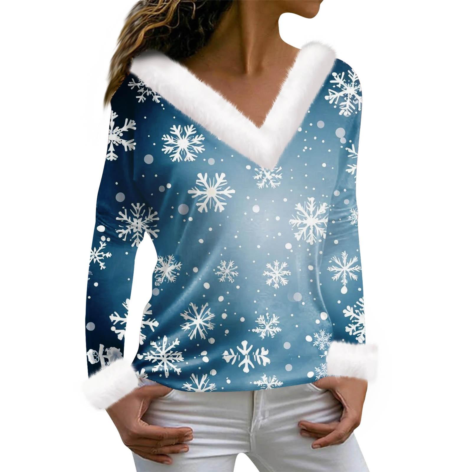 

Жіноча футболка з різдвяним принтом, сорочка з довгим рукавом і флісовим коміром, V-подібним вирізом S