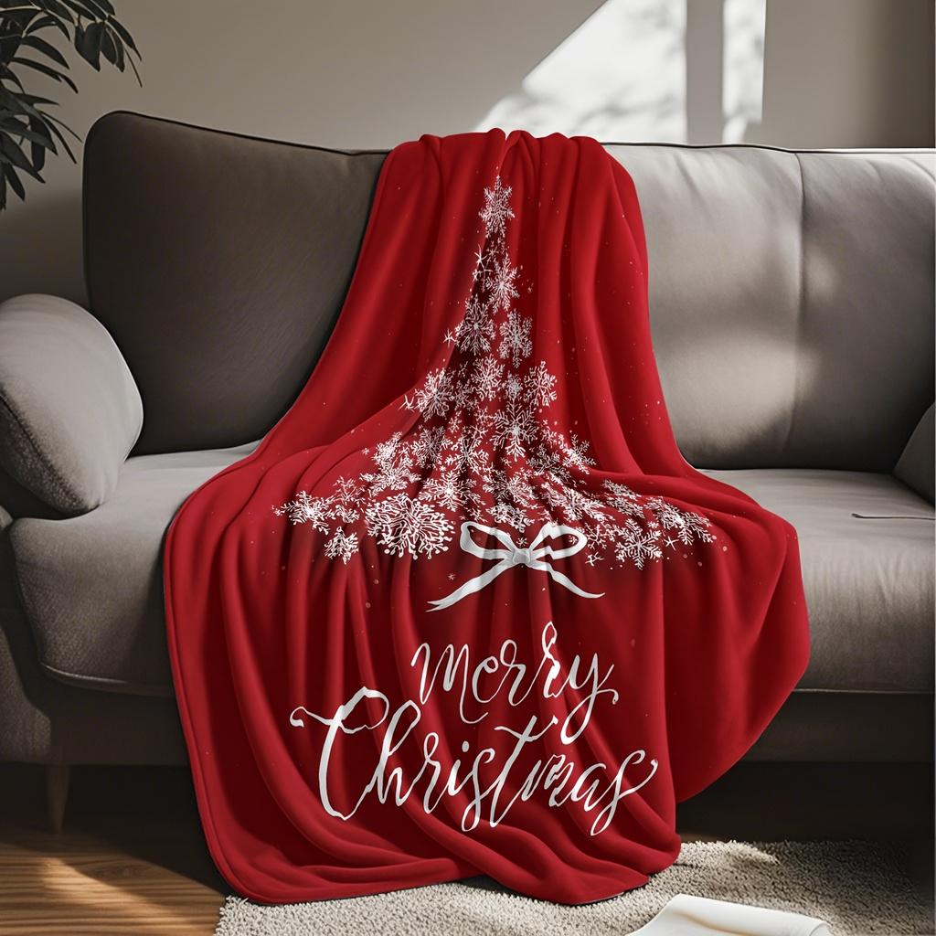 1pc Festive Red Christmas Tree Flannel Blanket with White Snowflakes - Soft, Cozy Throw for Sofa, Bed, or Office