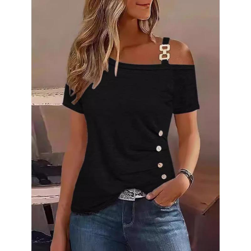 

New Summer Women s Simple Short-sleeved Metal Button Pleated T-shirt Top S чёрный