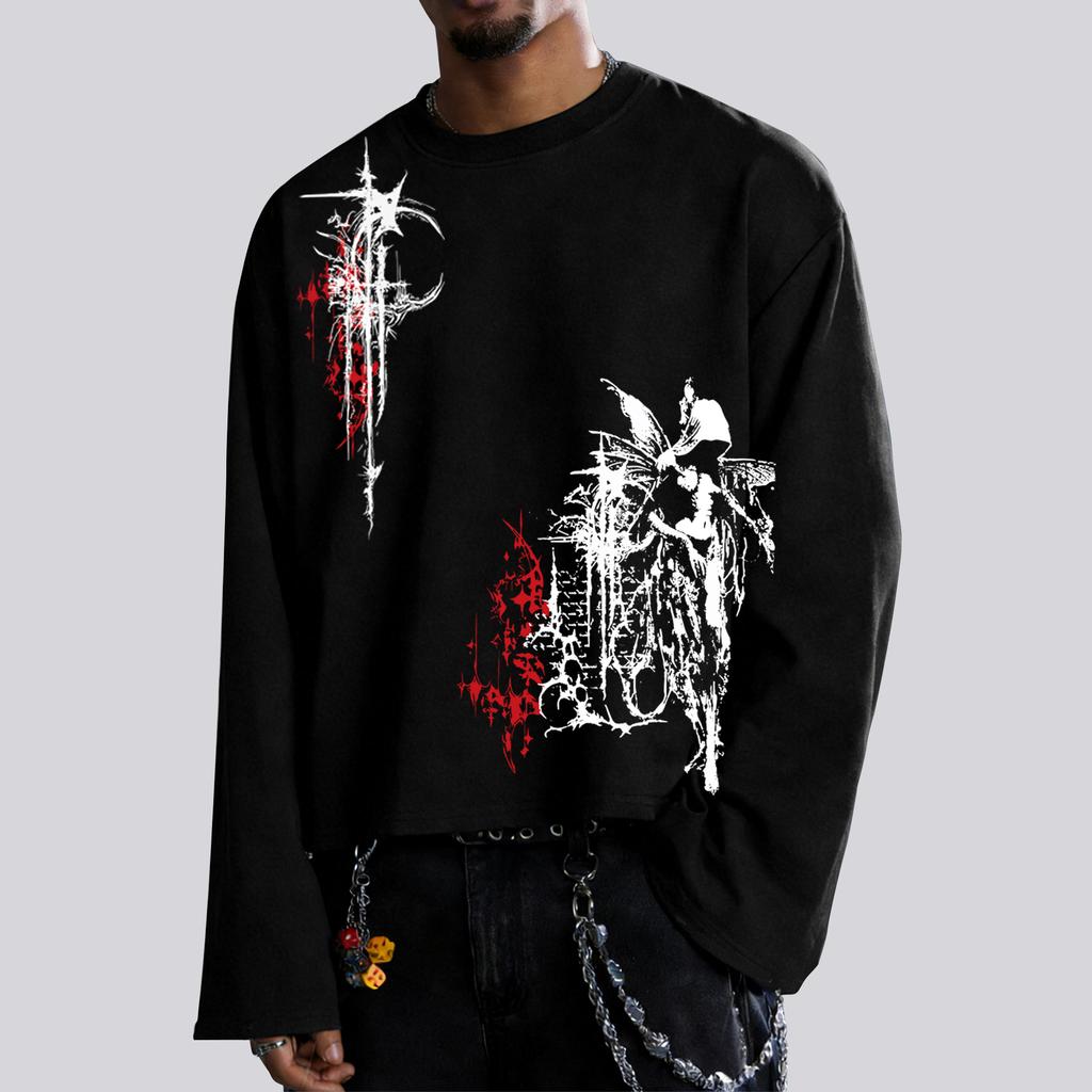 Dark Gothic Red and Black Abstract Print Round-Neck Long-Sleeve T-Shirt; High-Street Subculture Loose-Fit Cropped Top for Men and Women