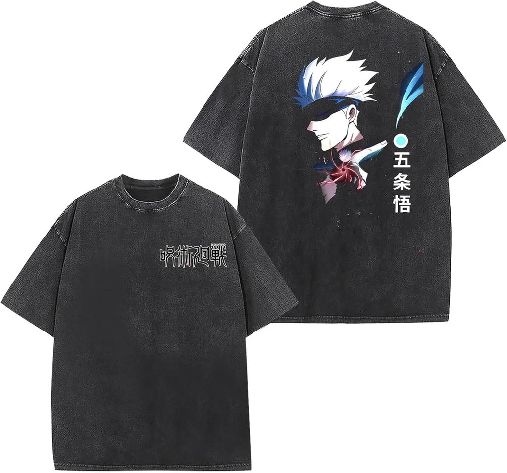 Jujutsu Kaisen Gojo T Shirt Blue Feather Graphic Men Acid Wash Oversized Streetwear Anime Satoru Cotton Vintage Top Tee