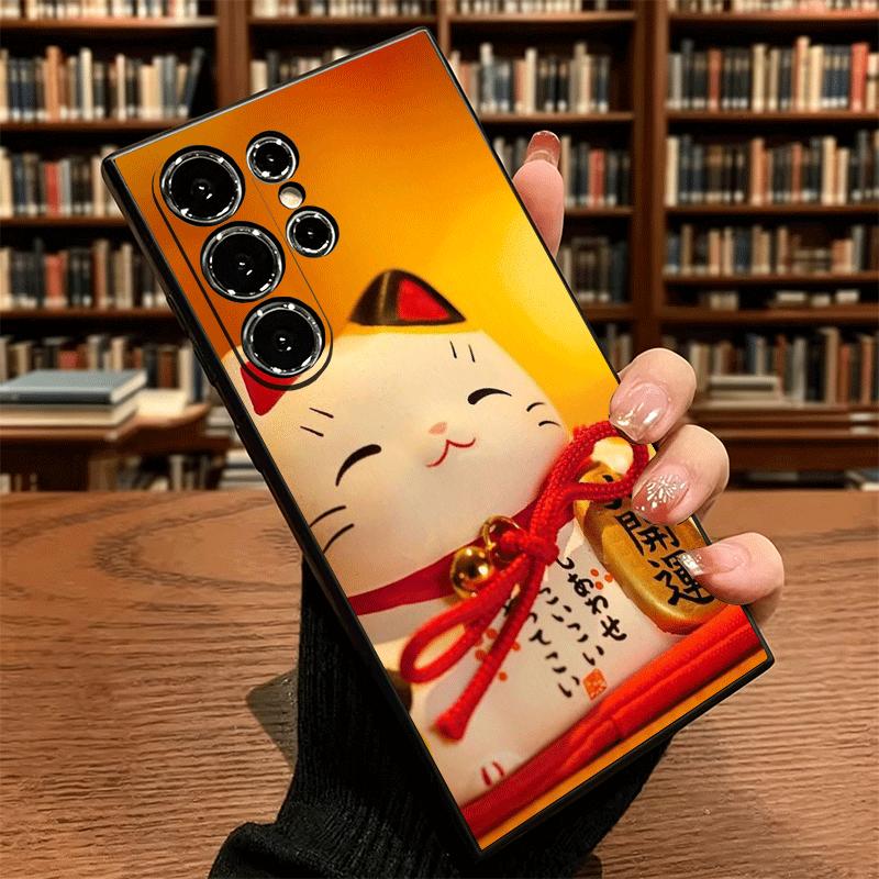 Soft Phone Case For Samsung Galaxy S24 S25 S26 Ultra Lucky Cat Maneki Neko Japanese S23 S22 Plus S21 FE S20 Edge Black Cover S