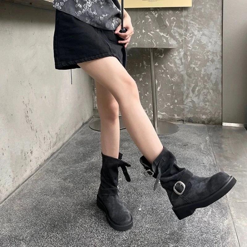 Fashion Winter Hot Selling Women's Boots 2024 High Quality Solid Color Round Toe Suede Buckle Thick Heel Women's Short Fashion Boots
