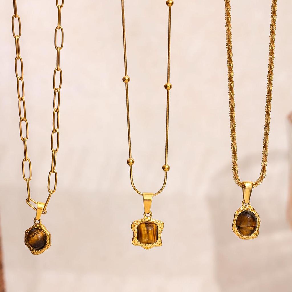 Tiger Eye Stainless Steel Geometric Necklace with Natural Stone for Women