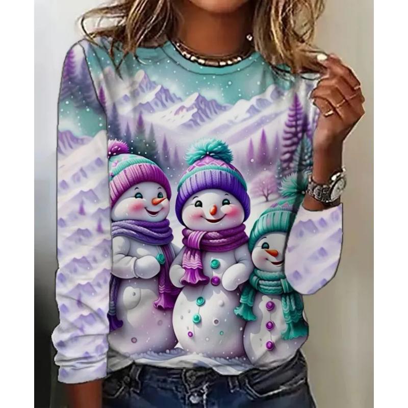 Fashion Women's Crew Neck Long Sleeve 3D Casual Color Printing Casual Long Sleeve Crew Neck T-Shirt