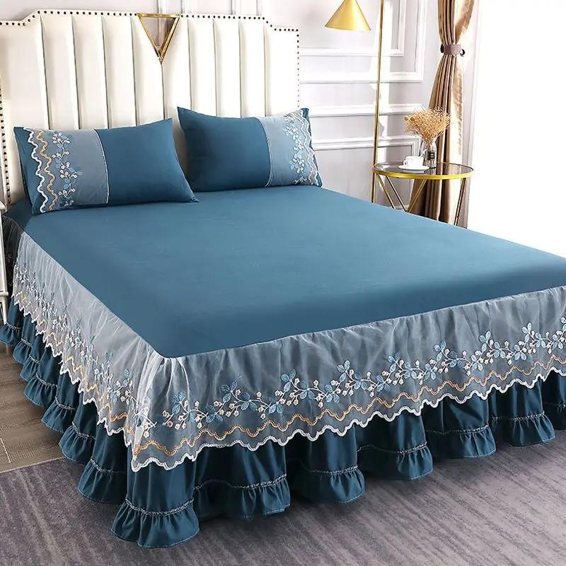 Solid Lace Embroidered Bedspread Mattress Protective Cover Polyester Bed Skirt Anti Slip and Dustproof Flounce Edge Bedsheet