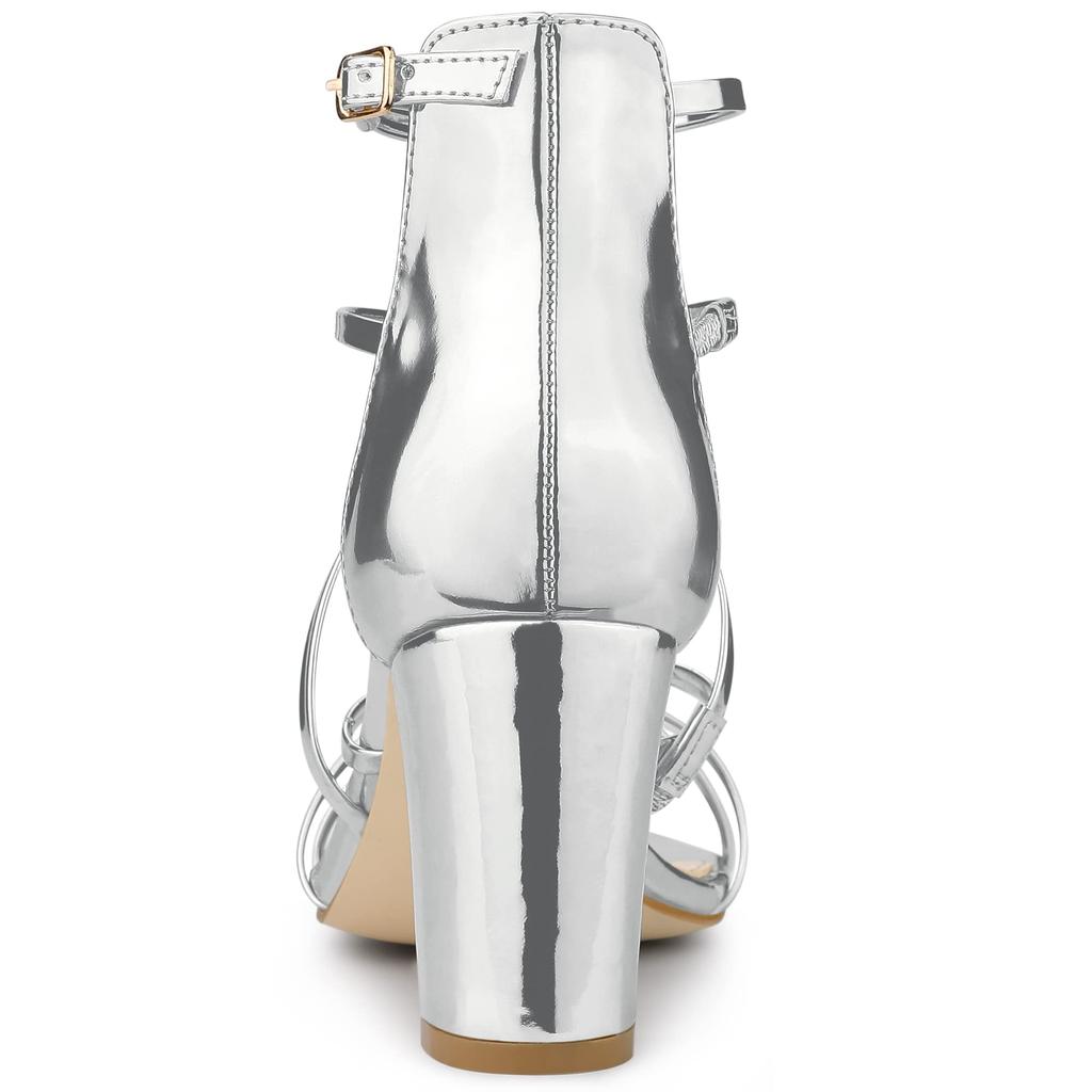 Allegra K Women's Silver Strappy Sandals with Shiny Block Heels, Size 27.0cm