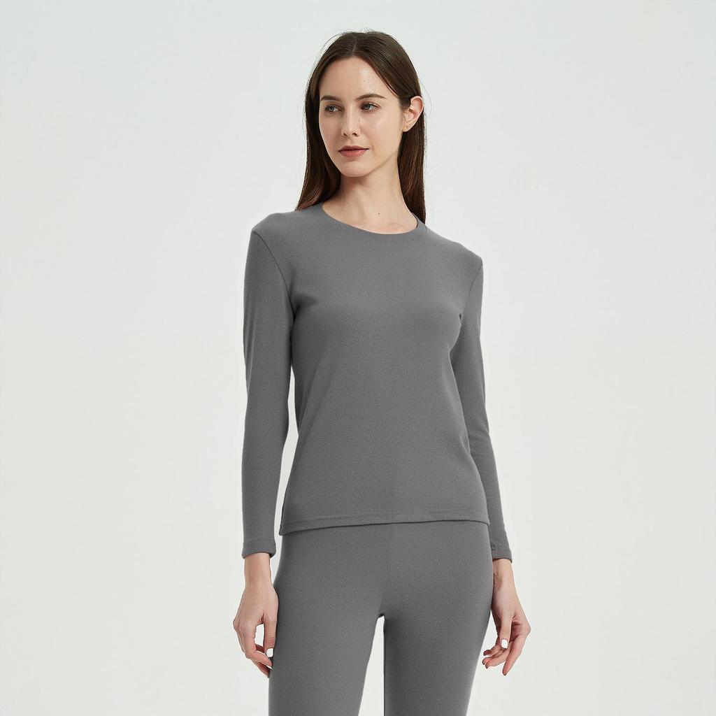 Solid Color Double-Sided Brushed Warm Base Layer Set for Women & Men - Round Neck Top & Pants for Autumn