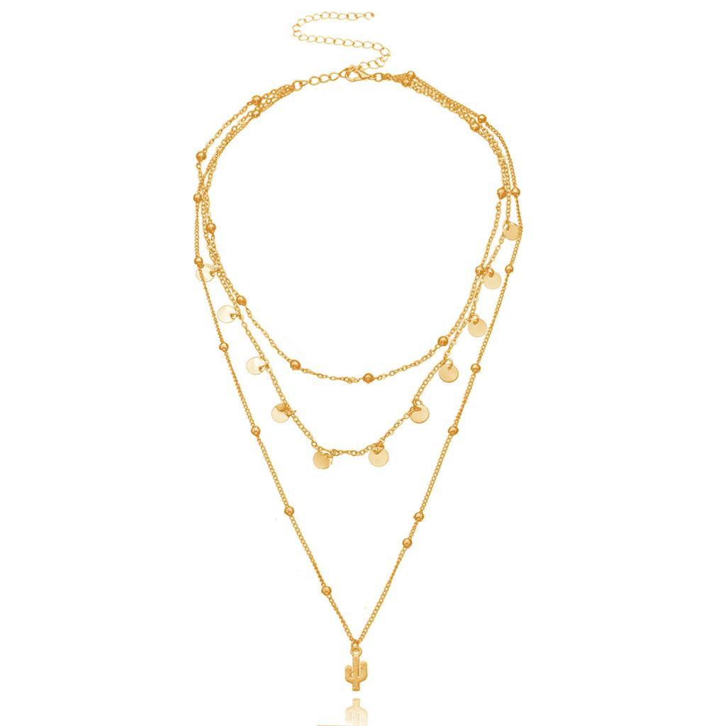 Alloy Disc Cactus Pendant Necklace, Simple Round Bead Chain Multi-layer Item Decoration
