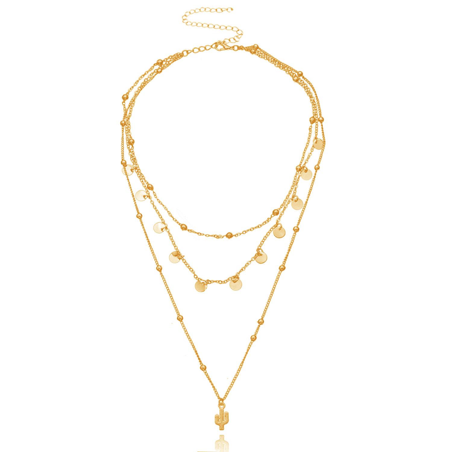 

Alloy disc cactus pendant necklace, simple round bead chain multi-layer item decoration золотой