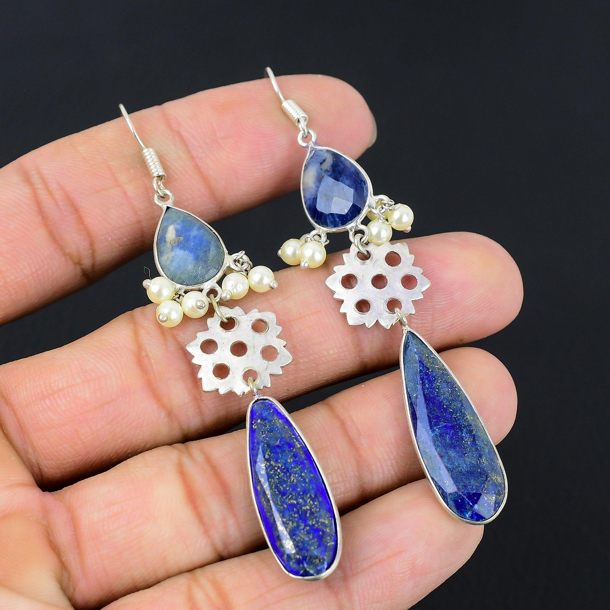 

Сделка ко Дню сестер Серьги-подвески этнические из стерлингового серебра 925 пробы с камнем лазурит