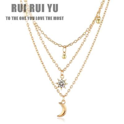 RUI RUI YU Women Necklace Alloy Multilayer Star Moon Shape Pendant Electroplating Necklace