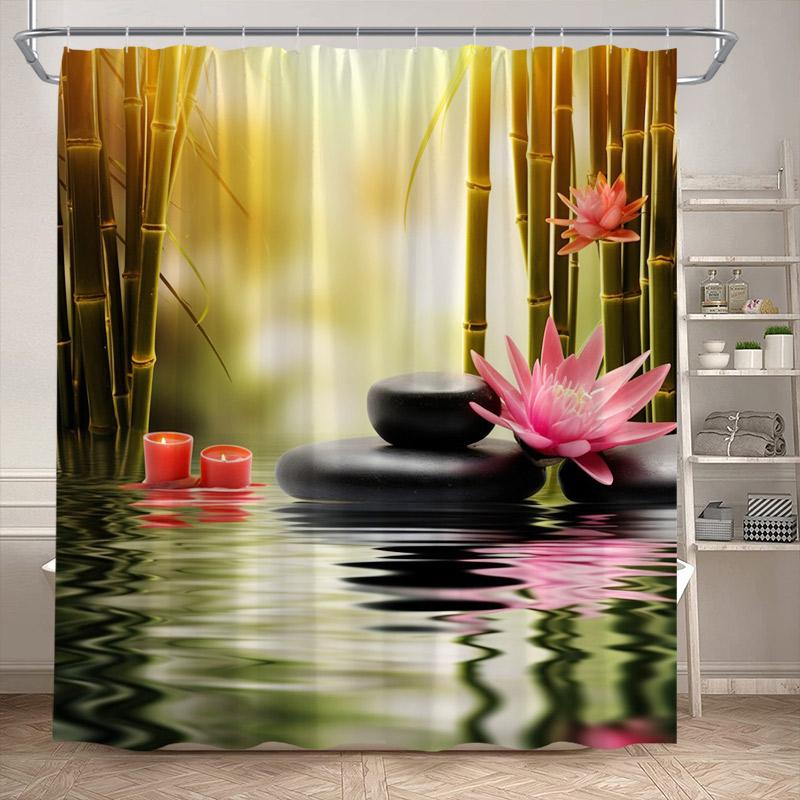 Zen Shower Curtain Natural Flowers Butterfly Grey Stone Reflection Spa Scenery Home Bathroom Decor Polyester Fabric Bath Curtain