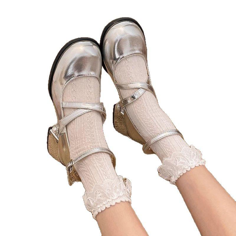 Silver Thick Heel Light Mouth Single Shoes Women's 2025 New Spring and Autumn Skirt Height Increase Mary Jane Small Leather Shoes