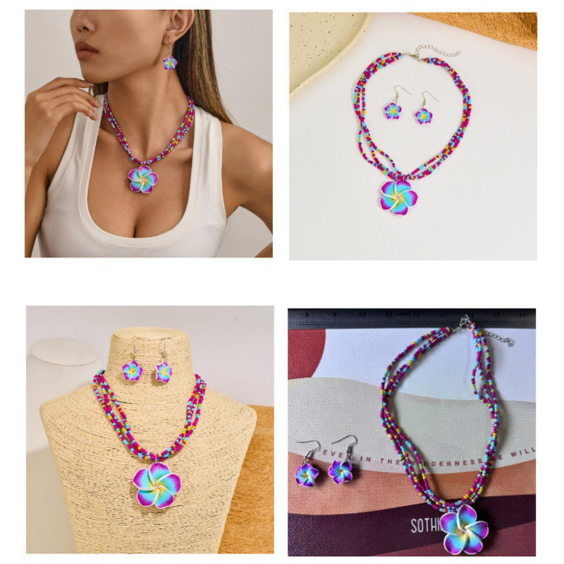 Elegant Colourful Flower Floral Set Earrings Necklace Sweet Braided Necklace Fashion Jewelry