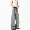 Mens Embroidered Denim Jeans Loose Straight Leg Washed Streetwear Pants