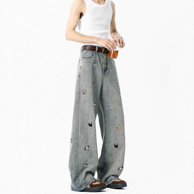 Mens Embroidered Denim Jeans Loose Straight Leg Washed Streetwear Pants