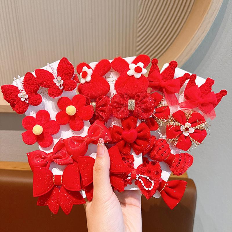 8Pcs/Set Kids Red Bows Hair Clips For Baby Girls Handmade Ribbon Bowknots Hairpins Barrettes  Year Christmas Hair Accessories