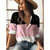 Cute Gold Outline Heart Print 3‑Tone Color Block Lapel Long Sleeve Shirt, Ladies Button Front Casual Fashion Daily Blouse
