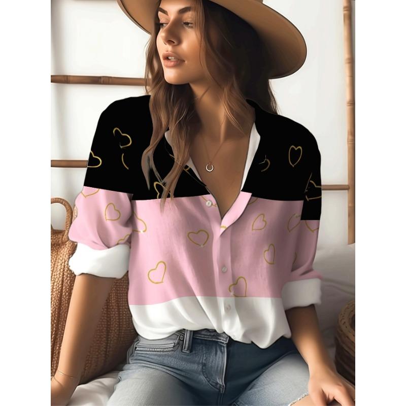 Cute Gold Outline Heart Print 3‑Tone Color Block Lapel Long Sleeve Shirt, Ladies Button Front Casual Fashion Daily Blouse