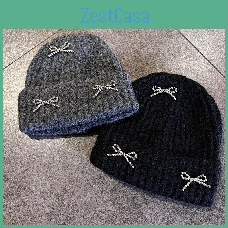 Color Solid Fashion Bow Decoration Women Casual Knitted Hat Autumn Winter And