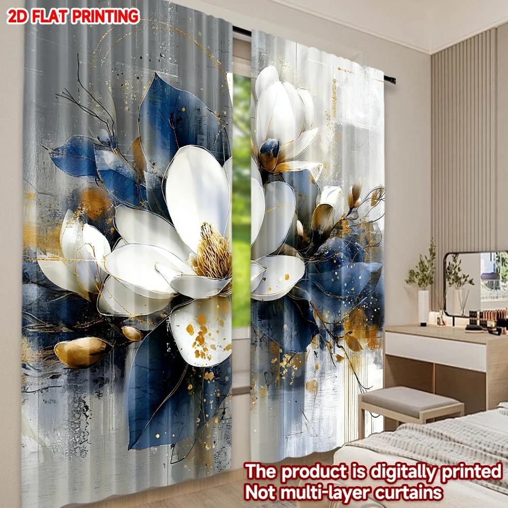 Blue White Floral Curtains Digital Printing Large Blossoms Golden Centers Dark Leaves Bedroom Decor Curtain Set Of 2 Elegant Made Polyester Washable
