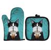 Blue Cat Pattern Microwave Glove Cute Baking Gloves and Mat Polyester Oven Mitt Insulation Potholder Kitchen Tools Accessories