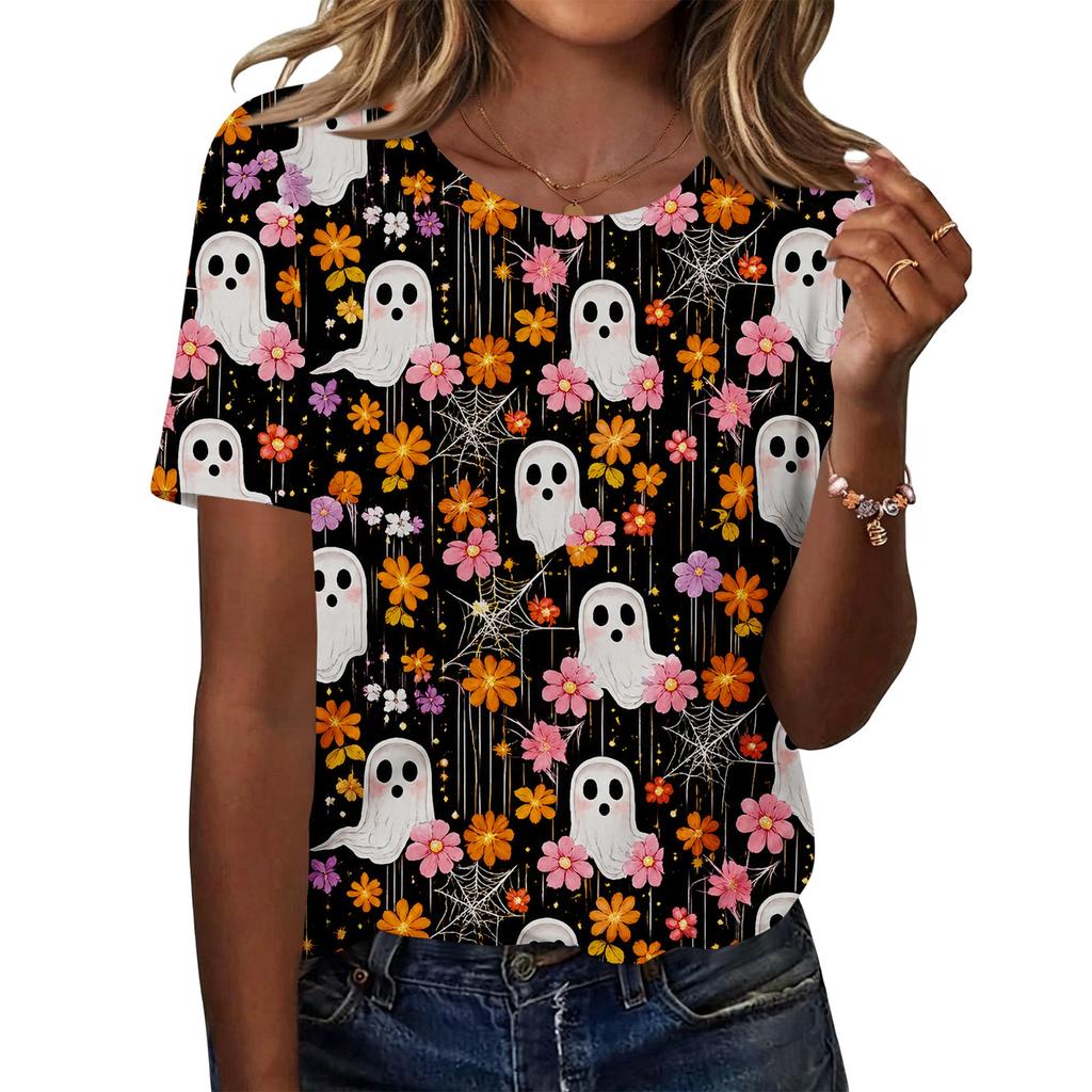Women's Casual Loose Fit Halloween Print T-Shirt Short Sleeve Crew Neck Top Comfortable Lightweight Fabric All Over Graphic Design