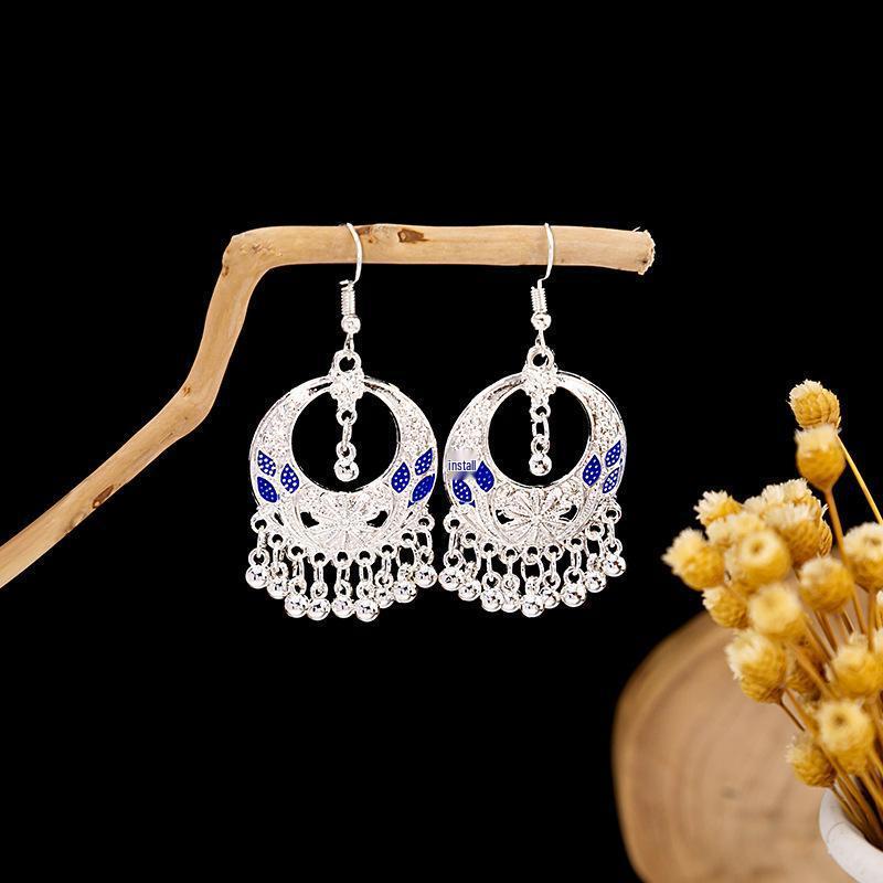Vintage Ethnic Miao Silver Alloy Teardrop Tassel Earrings