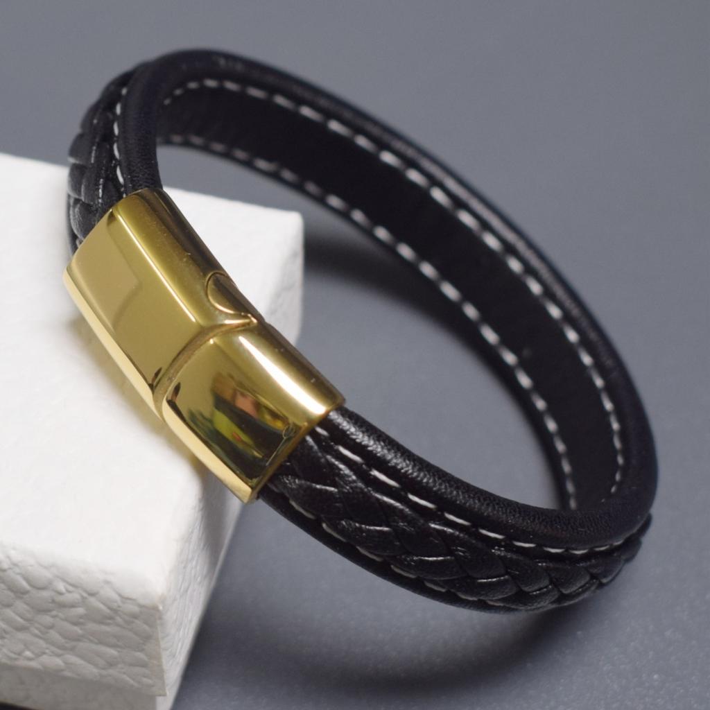 Punk Hand Woven Stitched Leather Bracelet Men's Stainless Steel Bracelets Bangles Simple Magnetic Buckle Luxury Jewelry