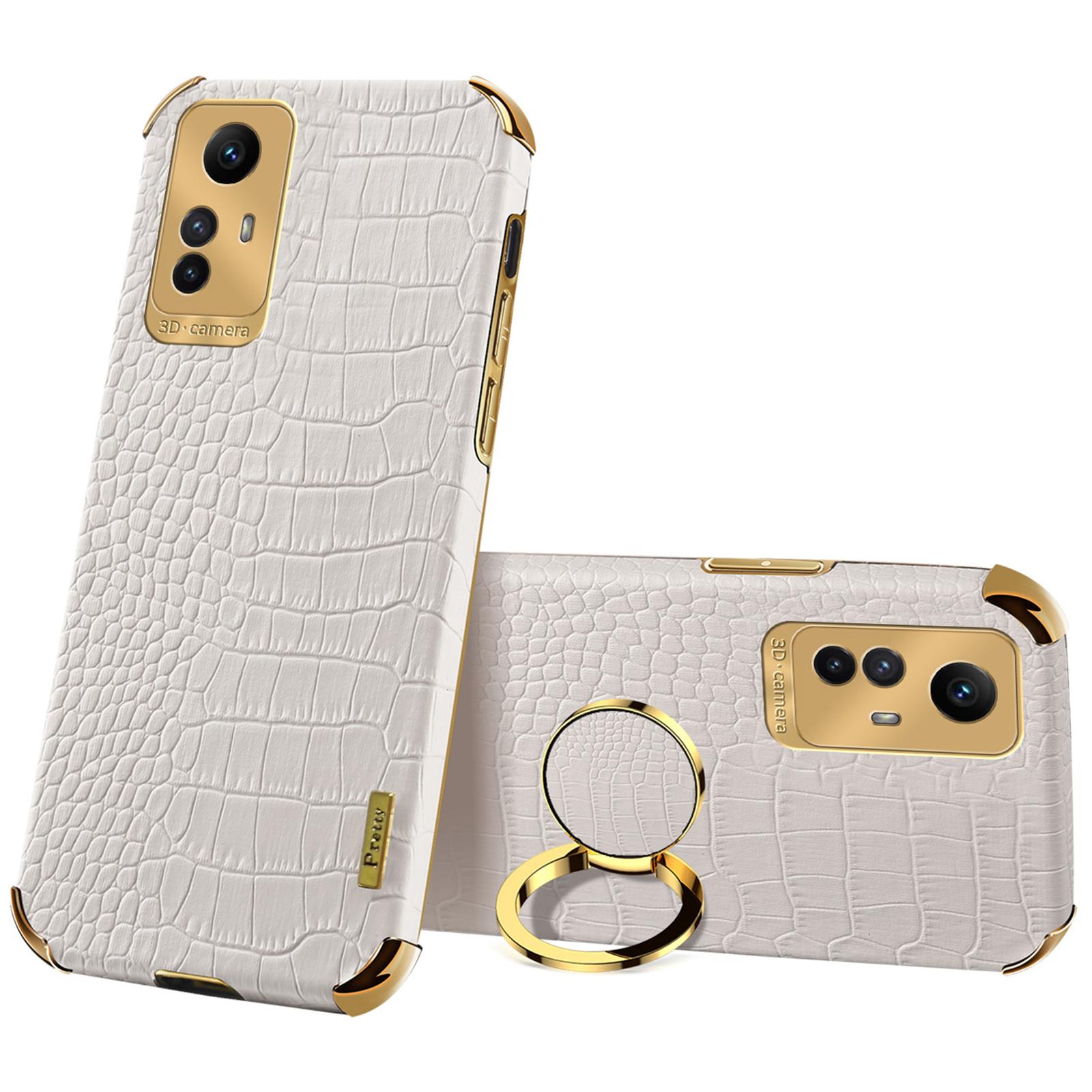 

For Xiaomi Redmi Note 12S 4G Crocodile Texture Kickstand Phone Case 6D Electroplated PU Leather+TPU Cover White