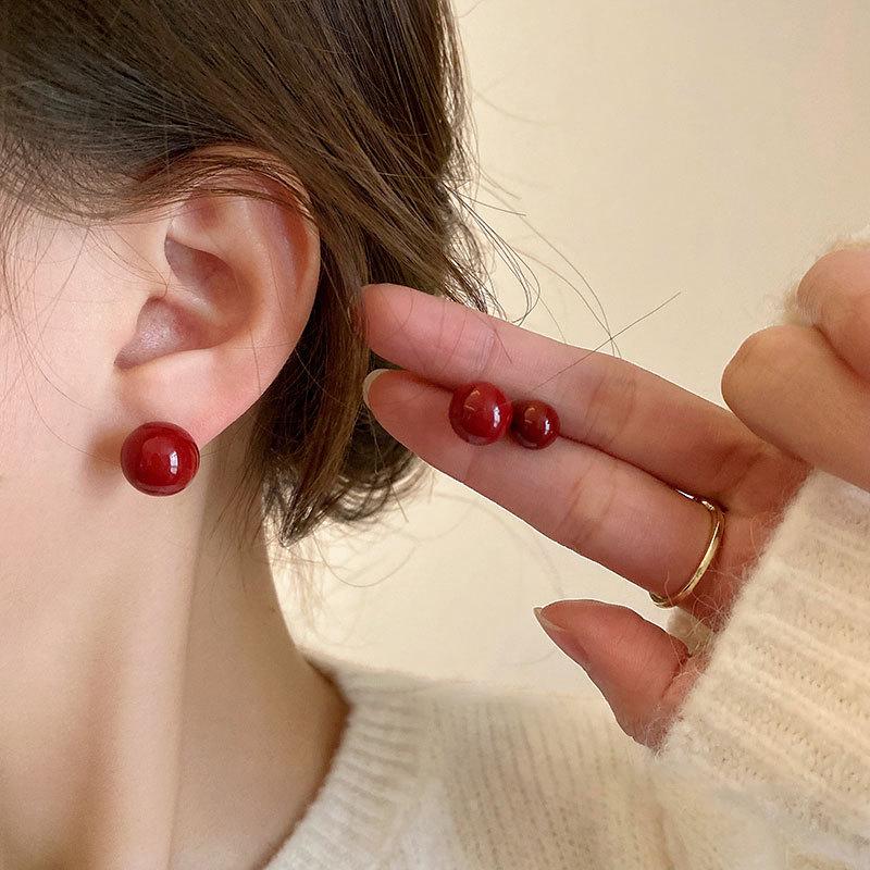 Burgundy Jelly Bean Pearl Stud Earrings - New 2024 Hot Style for Women, Niche Design Cold Style.