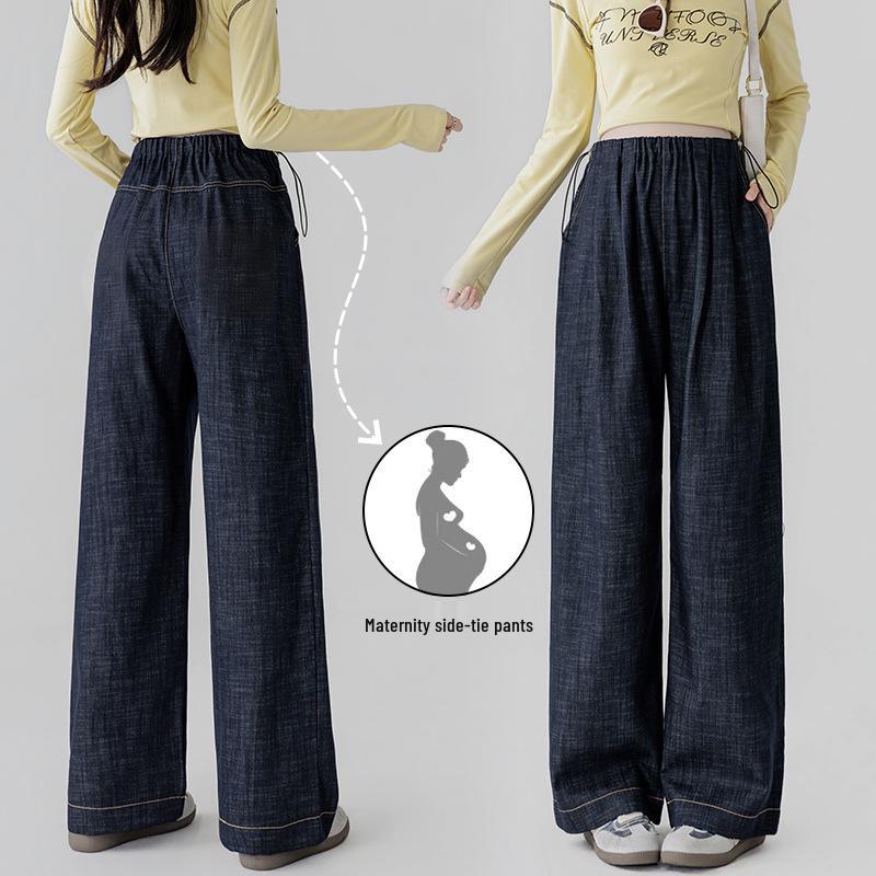 2026 Dark Blue Denim Wide-Leg Maternity Jeans - Ice Silk Straight Leg, Floor-Length for Spring/Summer