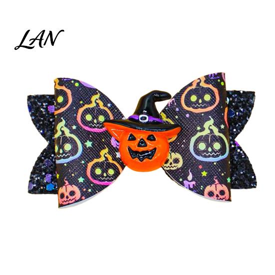 Festive Hair Styling Tools Halloween Glitter Bow Clips for Kids Baby Girls, Double Layer Holiday Themed Accessories Ghost/Pumpkin/Eyeball Bowtie Pins