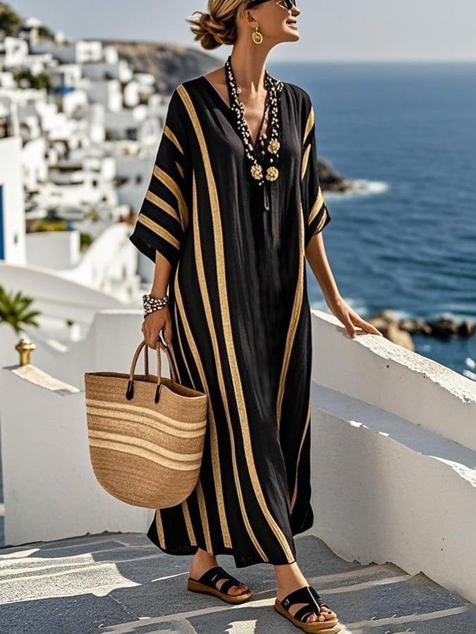 3D digital printing V-neck five-quarter sleeve long pocket Kaftan dress