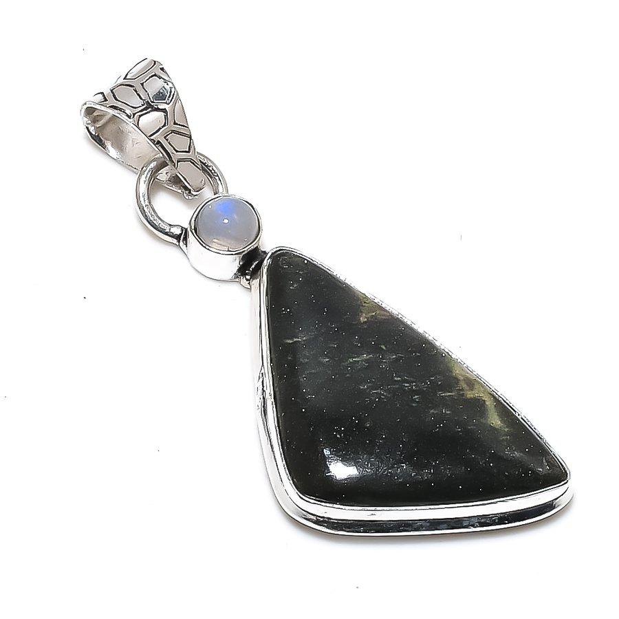 Seraphinite, Moonstone Gemstone 925 Sterling Silver Jewelry Pendant 2.40" SU-9972