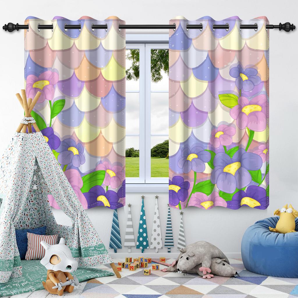 2Pcs Mermaid Colorful Scales Window Curtains Princess Girls Bedroom Decoration Home Living Room Heat Insulation Blackout Drapes