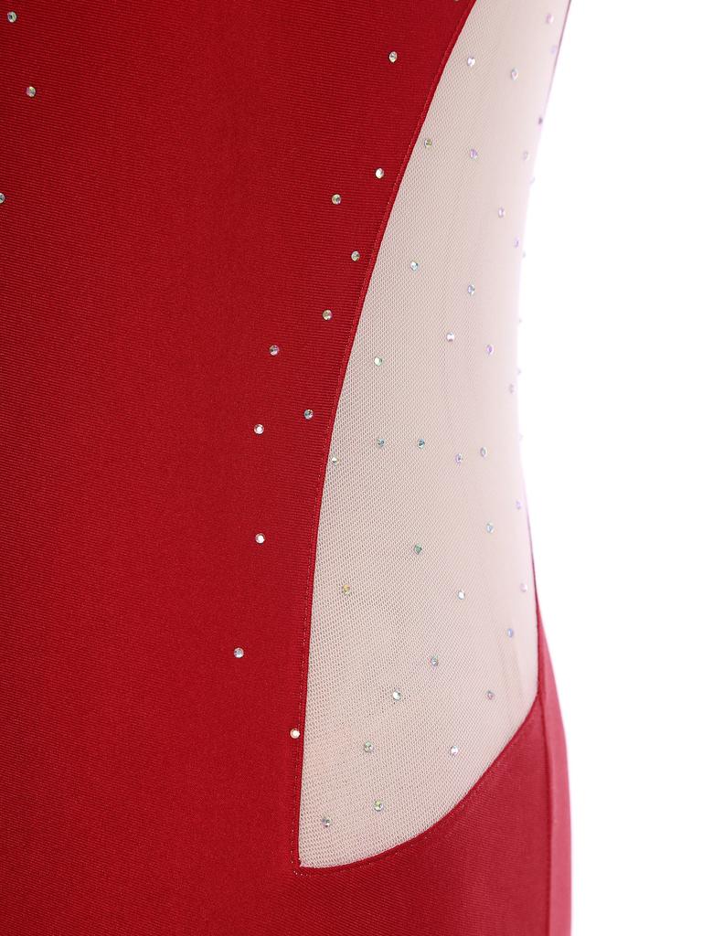 Womens Gymnastics Figure Skating Bodysuit Round Neck Sleeveless Shiny Rhinestone Mesh Patchwork Leotard Dance Jumpsuit