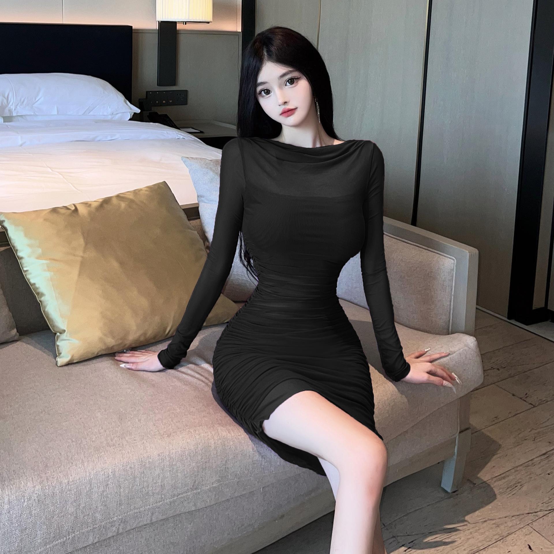 

Pure desire temperament sexy royal sister mesh long-sleeved dress female slim waist thin hip short skirt XL чорний