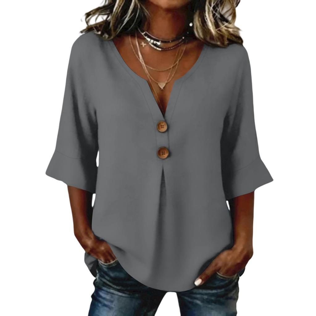 Women's  Color Button Casual V-neck Fashionable Seven Quarter Sleeve Top
