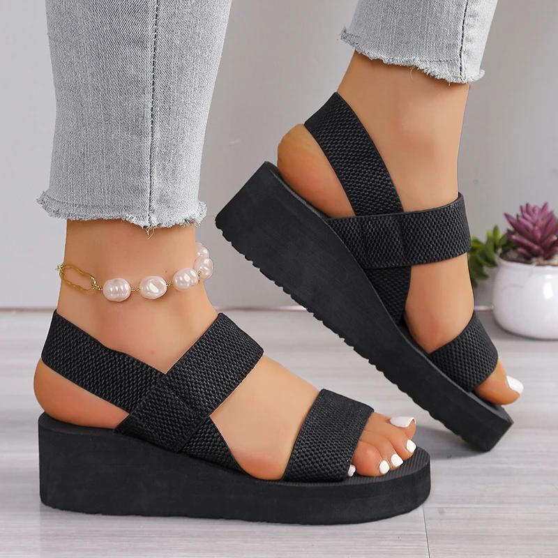 Fashion Black Elastic Band Wedge Sandals for Women Summer 2025 Lightweight Non Slip Beach Shoes Woman Plus Size Fashion Platform Sandals
